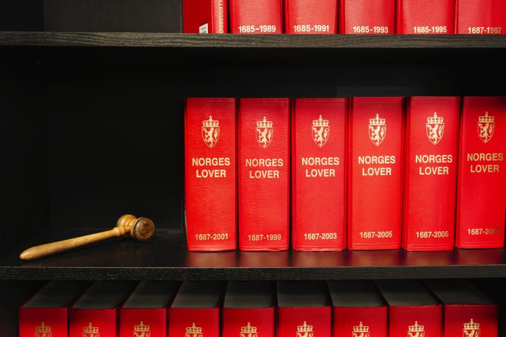 Bilde av en rekke lovverk og en dommerklubbe i en sort bokhylle